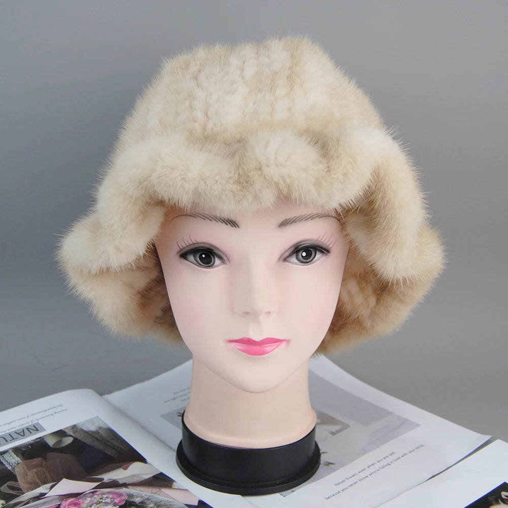 Women's Hat 2025 New Winter Real Mink Fur Hat Casual Luxury Flower Knitted Bucket Hat Pots Cap Lady Natural Mink Fur Cap Beanies