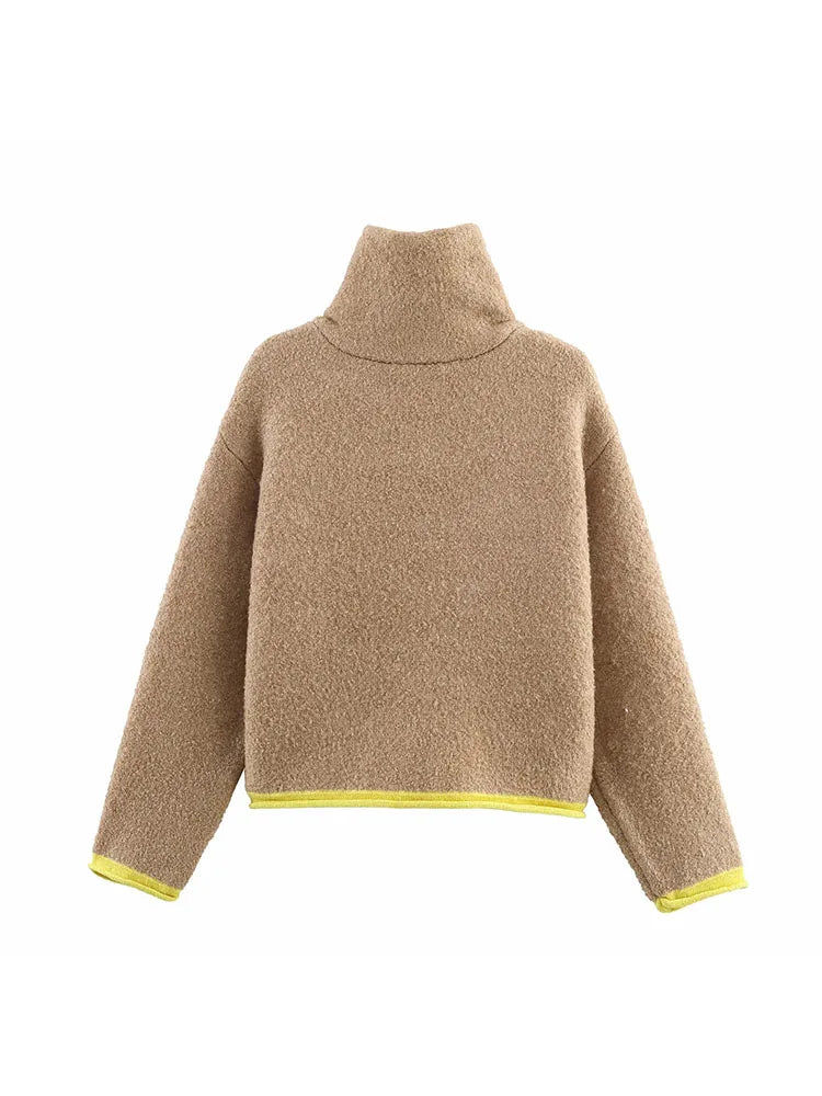 Women Autumn Winter New Color-block Knitwear Fleece Jacket Street Style Women's Fashion Outerwear Elegant Stand Collar Coat