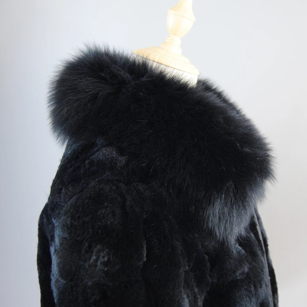 2025 Brand Winter Warm Soft Quality Real Rex Rabbit Fur Coat Women Rex Rabbit Fur Short Jackets With Real Fox Fur Collar Overcoa