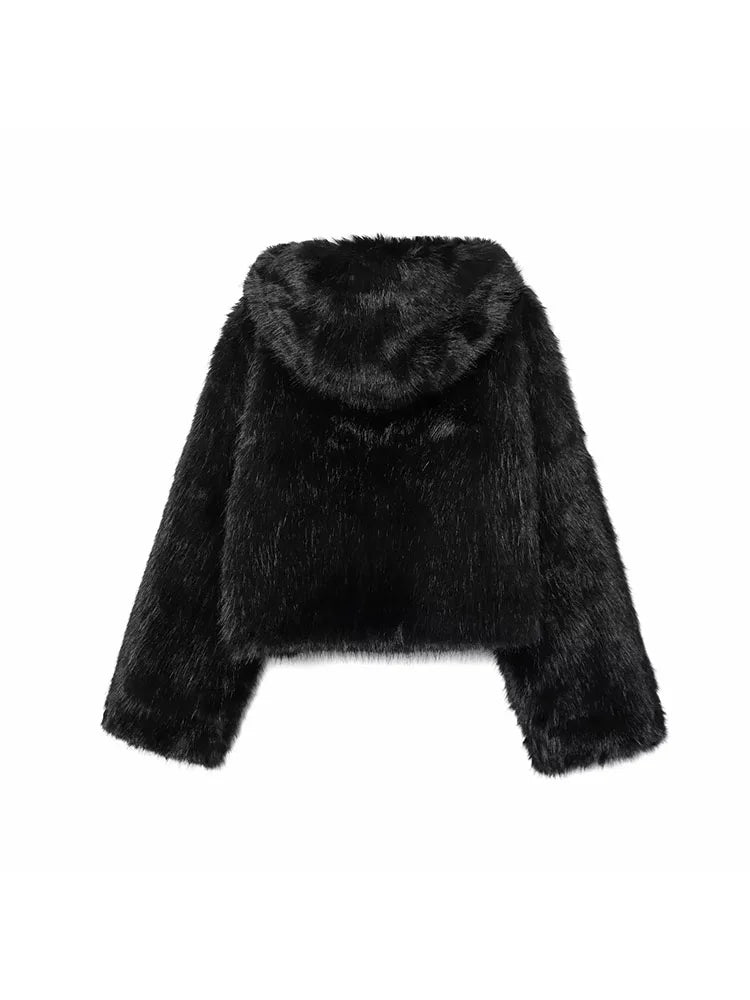 Women 2025 Winter New Hooded Short Faux Fur Jacket O Neck Women's Furry Jacket Long Sleeves Plush Coat Stylish Streetwear Top