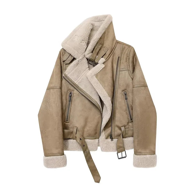 2025 Winter Women Thick Warm Suede Lamb Jacket Short Motorcycle Brown Coats Faux Shearling Sheepskin Leather Jackets Outwear