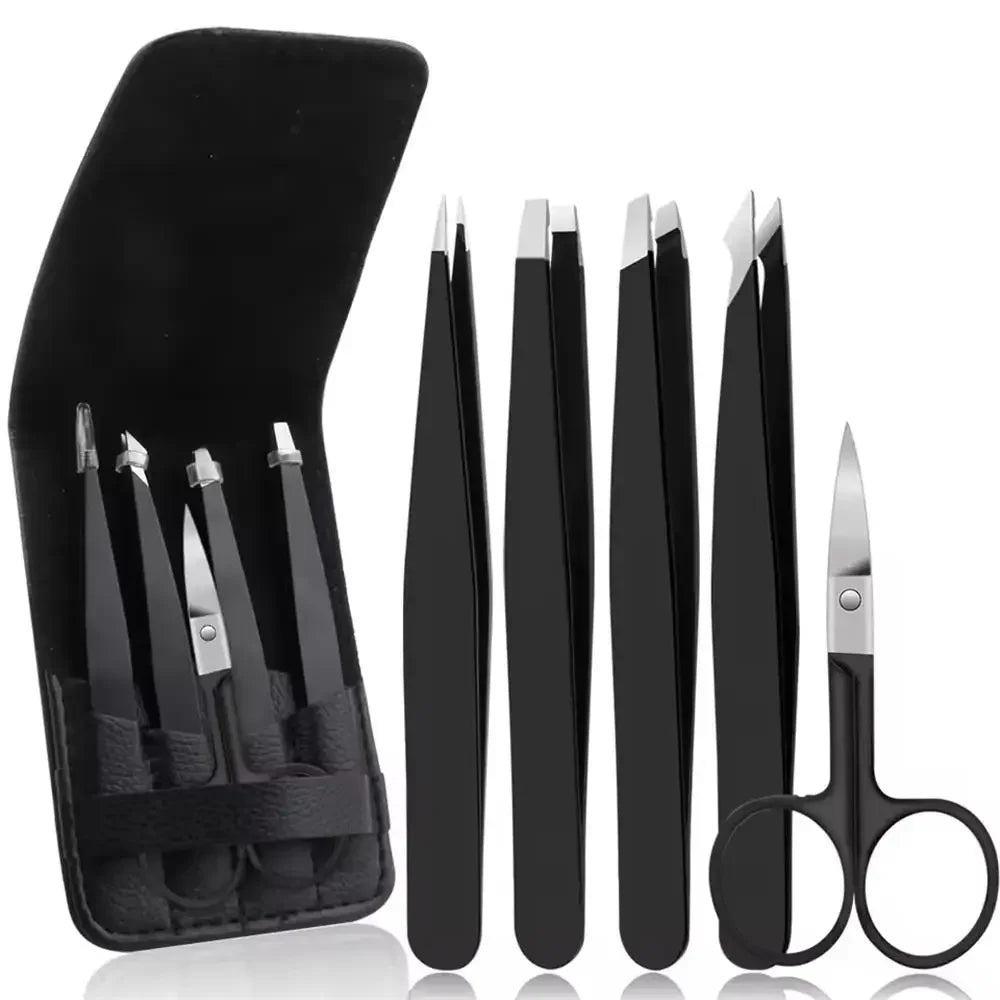 5-Piece Stainless Steel Beauty Tweezers Set Professional Eyebrow Eyelash & Fine Hair Removal Makeup Tools