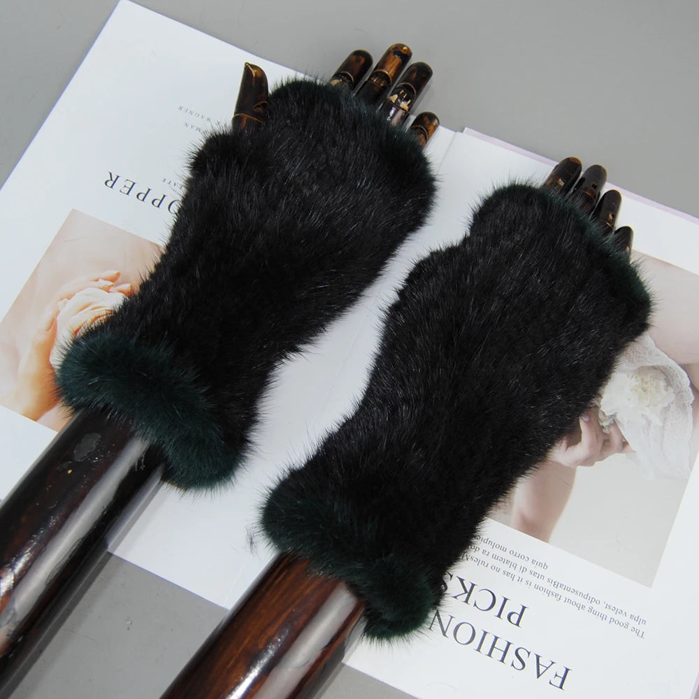 New Style Women Winter Real Mink Fur Gloves 100% Natural Warm Mink Fur Fingerless Gloves Girls Knitted Genuine Mink Fur Mittens