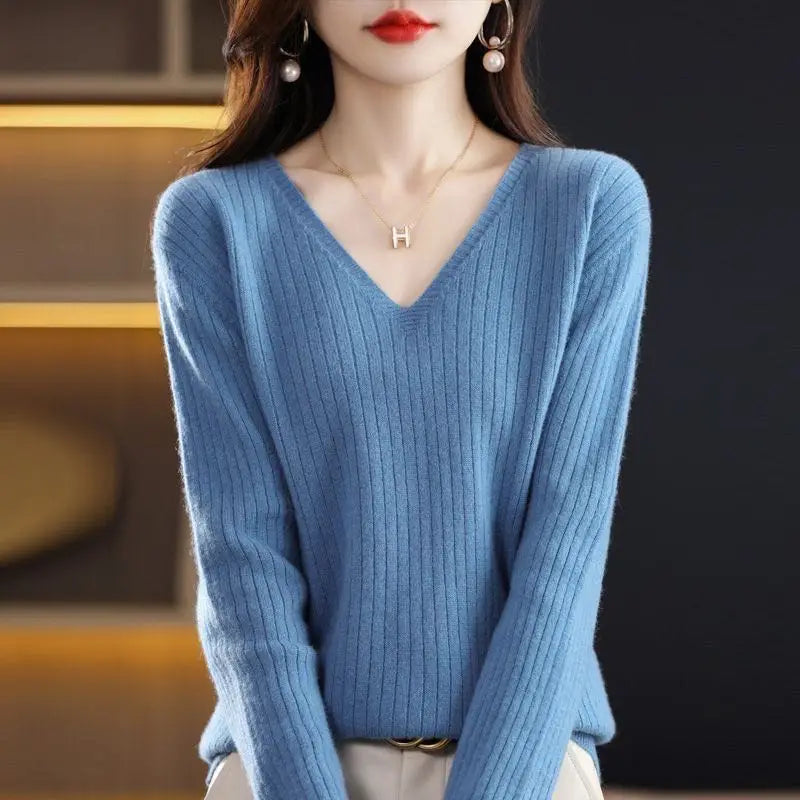 Chic Casual Autumn Winter Basic Sweater Pullovers Women V-neck Solid Knit Loose Pullover Female Long Sleeve Warm Khaki Sweater