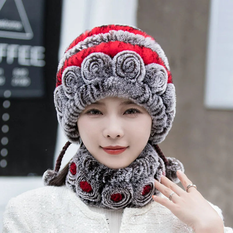 Hot Sale Women Warm Rex Rabbit Fur Hat Scarf Sets Winter Lady Knit Fur Hats Muffler 2 Pieces Natural Rex Rabbit Fur Cap Scarves