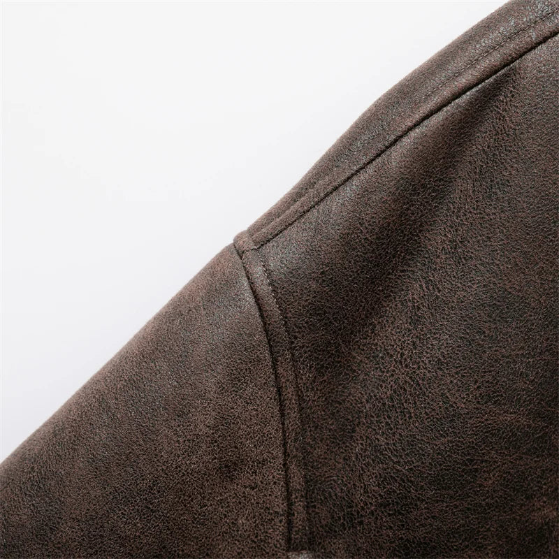 2025 Women's new thick jacket Vintage lapel leather jacket single breasted pocket street warm jacket