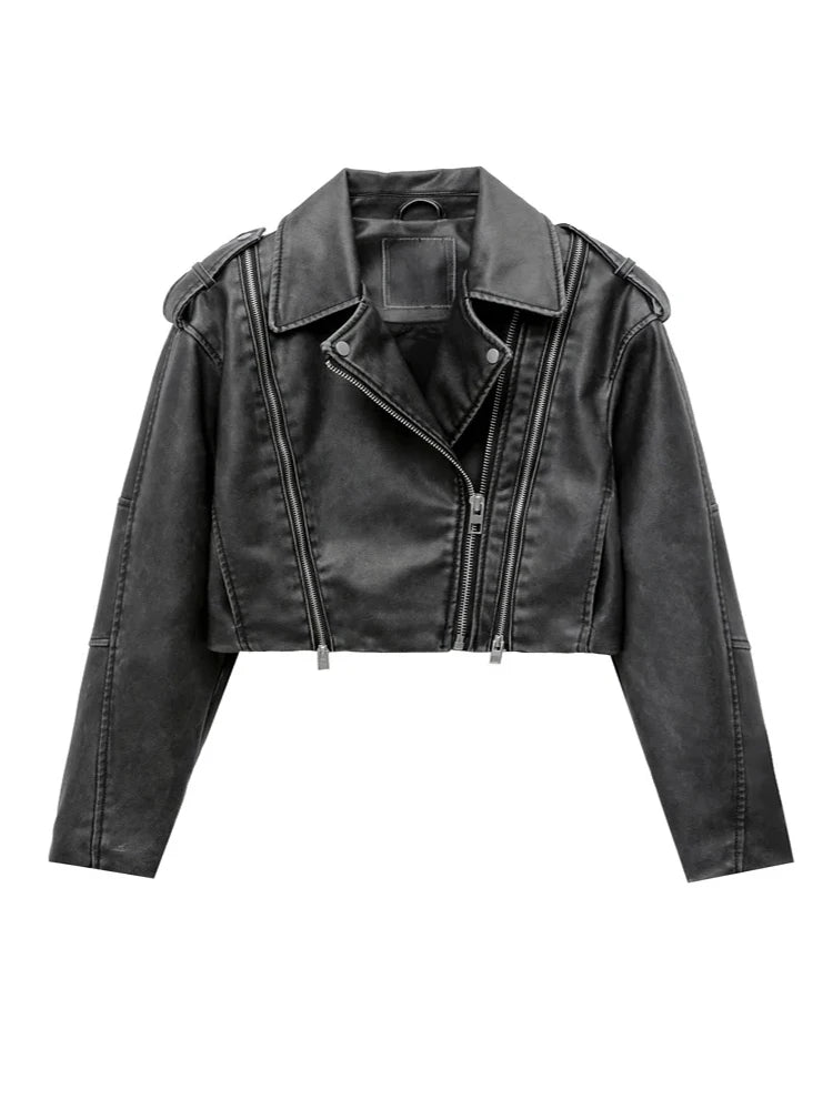 2025 Women's new short make old effect imitation leather motorcycle jacket jacket women's washed gray leather coat