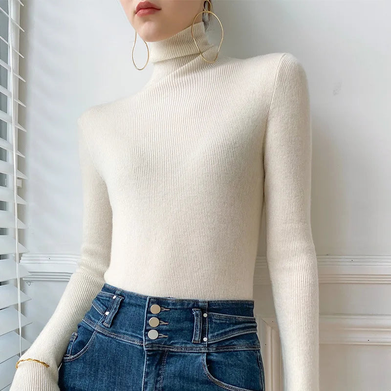 Women Heaps Collar Turtleneck Sweaters Autumn Winter Slim Pullover Women Basic Tops Casual Soft Knit Sweater Soft Warm Jumper