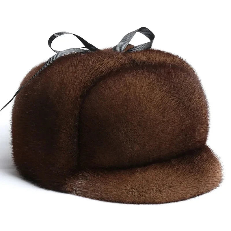 New Sale Luxury Winter Man Top Real Mink Fur Bomber Hat Male Genuine Marten Head Warm Black/Brown Caps Best Gift For Dad Gorras