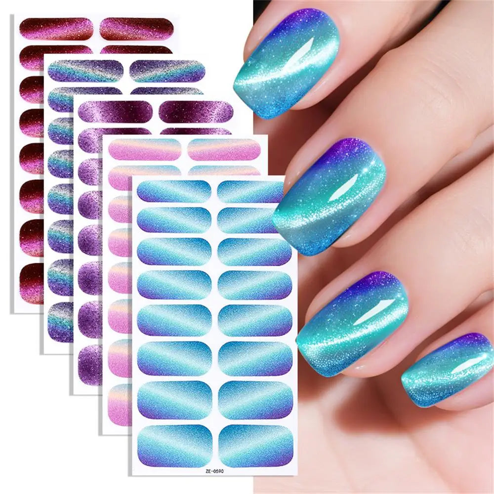 Gradient Cat Eye Style Nail Art Stickers, 16-Piece Set Self-Adhesive Waterproof Glitter False Nail Decals