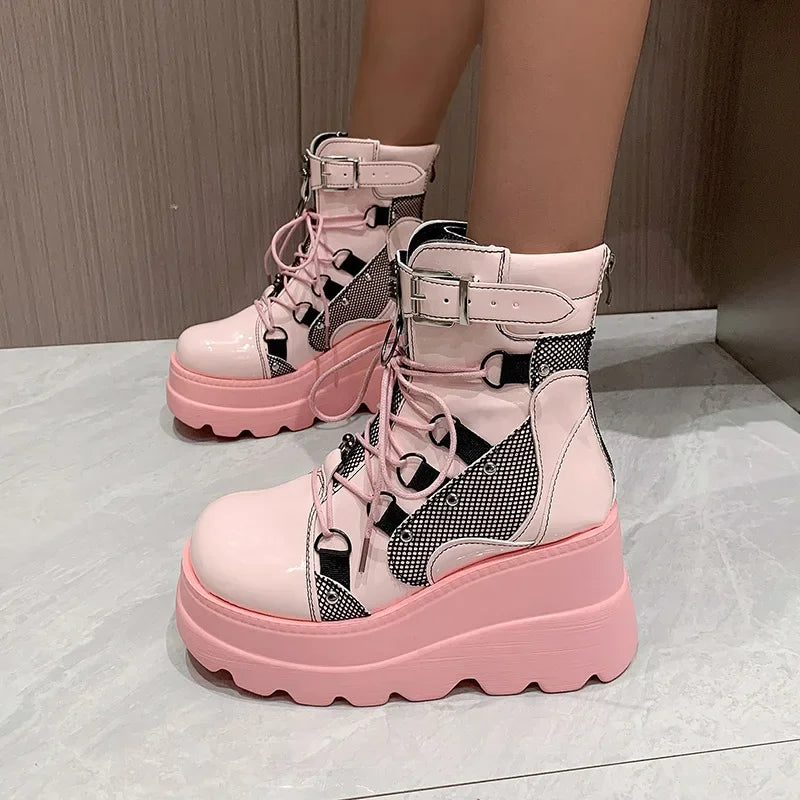 Cosplayer Gothic Motorcycle Boots 2024 New Platform Chunky High Heel Ankle Boot Ladies Cool Wedge Punk Woman Black Female Shoes
