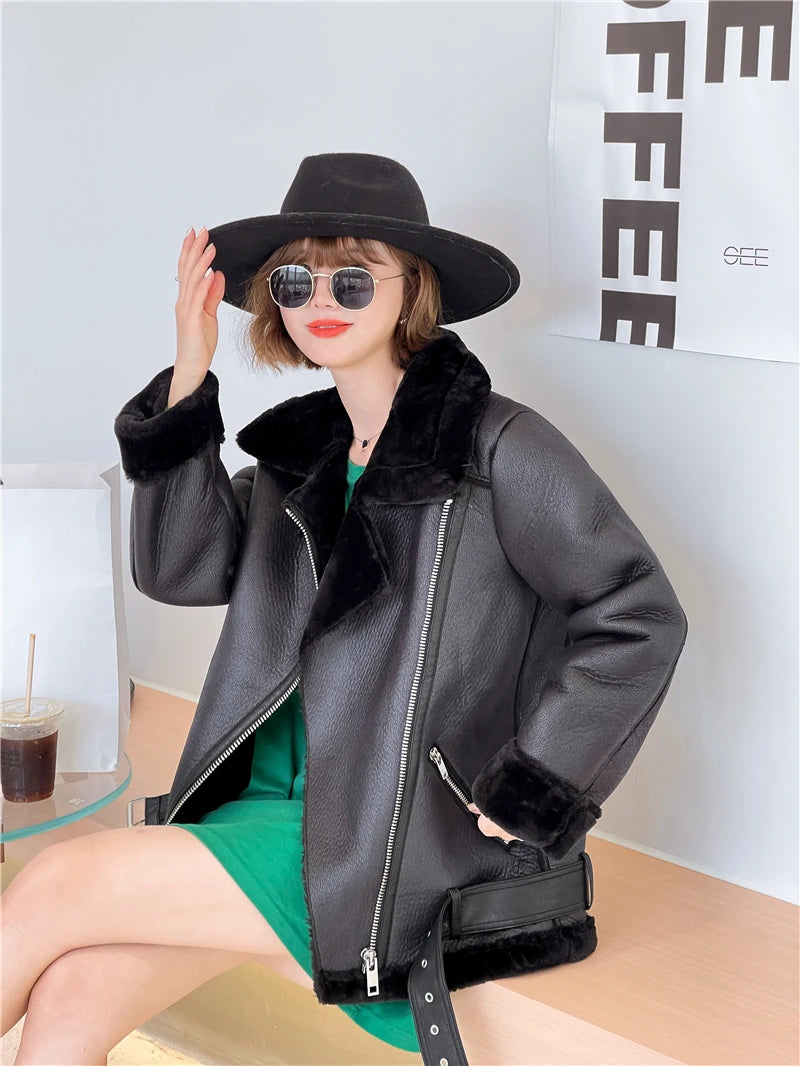 2025 The new  women's jacket with extra thick warm and extra thick lamb feather rider jacket with artificial fur
