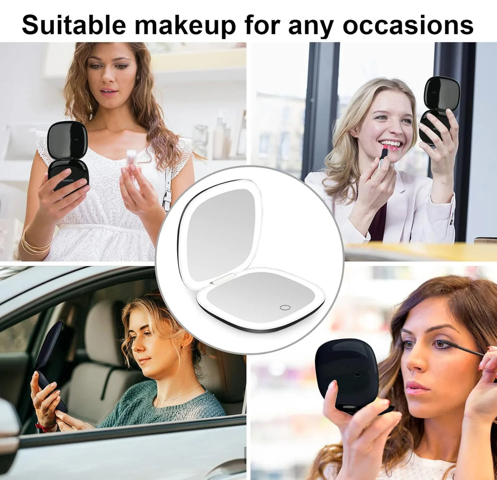Portable LED Makeup Mirror, Double-Sided Lighted Mirror, Rechargeable 5X Magnification Folding Dressing Mirror for Touch-Ups.