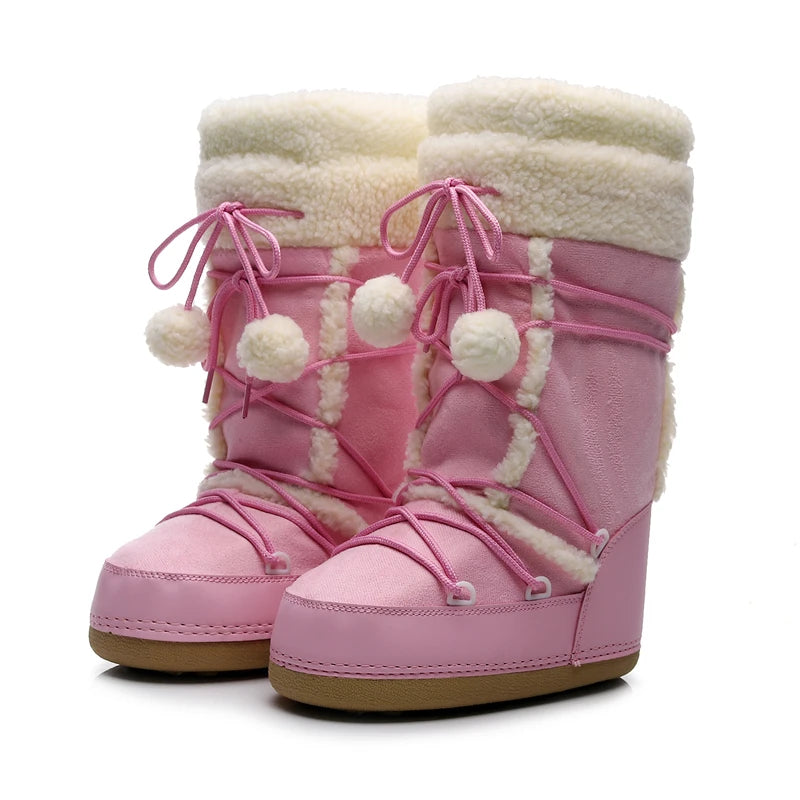 Free Ship Women Snow Boots Warm Plush Comfortable Platform Shoes Lady Lace-up Mid-Calf Pink Boots Non-slip Winter Shoes Booties