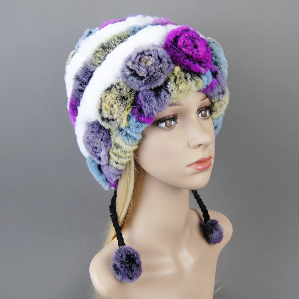 Hot Sale Women Warm Rex Rabbit Fur Hat Scarf Sets Winter Lady Knit Fur Hats Muffler 2 Pieces Natural Rex Rabbit Fur Cap Scarves