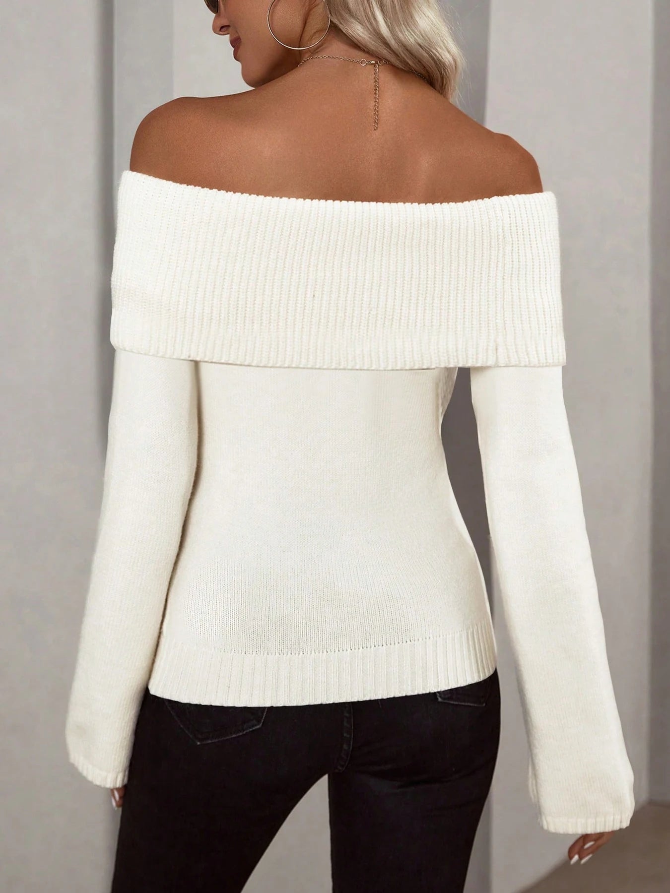 Off Shoulder Slim-Fit Sweater, Elegant Solid Color Long Sleeve Sweater For Fall & Spring, Women's Clothing