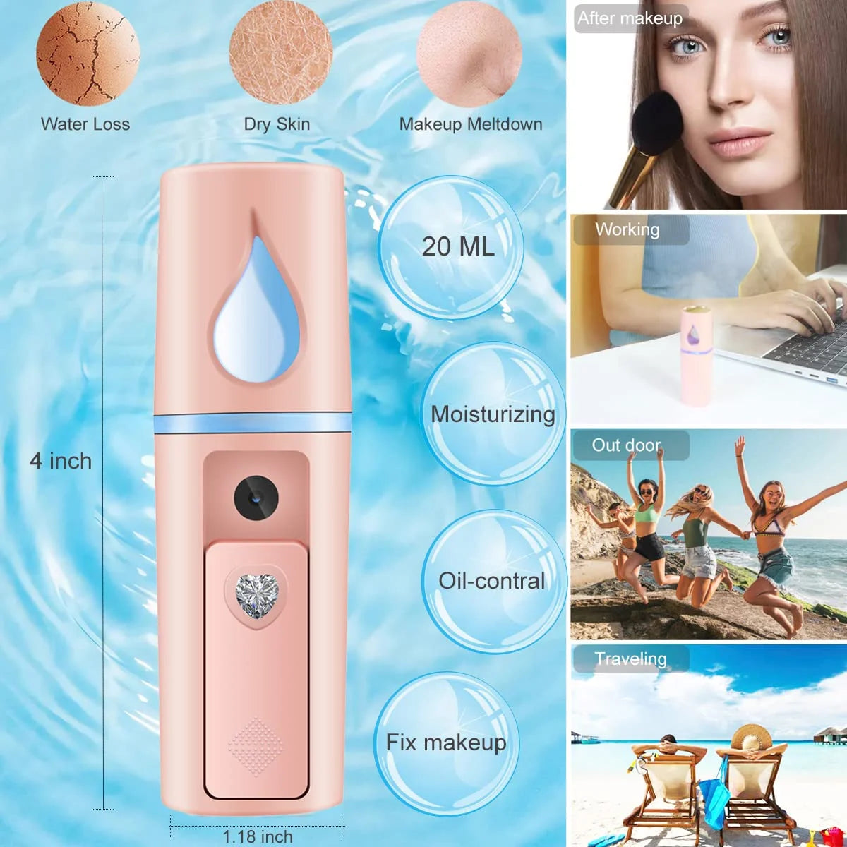 Nano Facial Mister Portable Mist Sprayer with Mirror Mini Cool Mist Spray for Skin Care Facial Body Moisturized