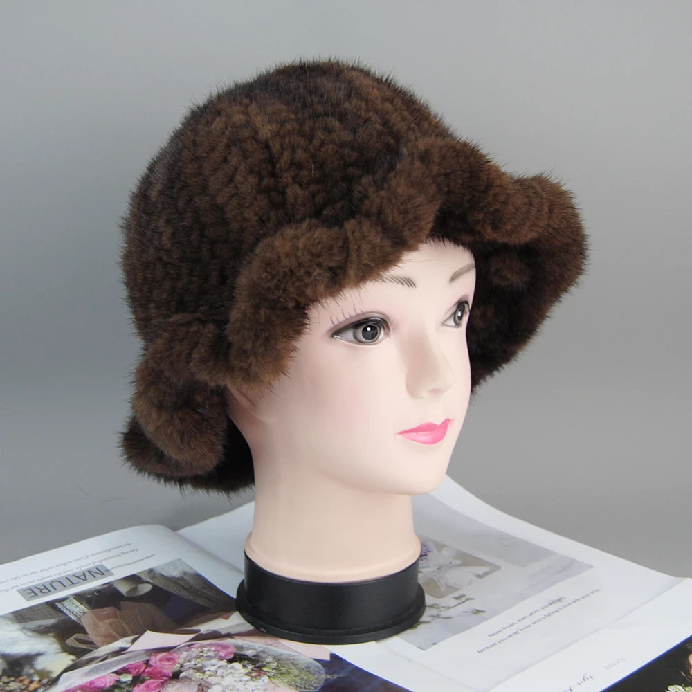 Women's Hat 2025 New Winter Real Mink Fur Hat Casual Luxury Flower Knitted Bucket Hat Pots Cap Lady Natural Mink Fur Cap Beanies