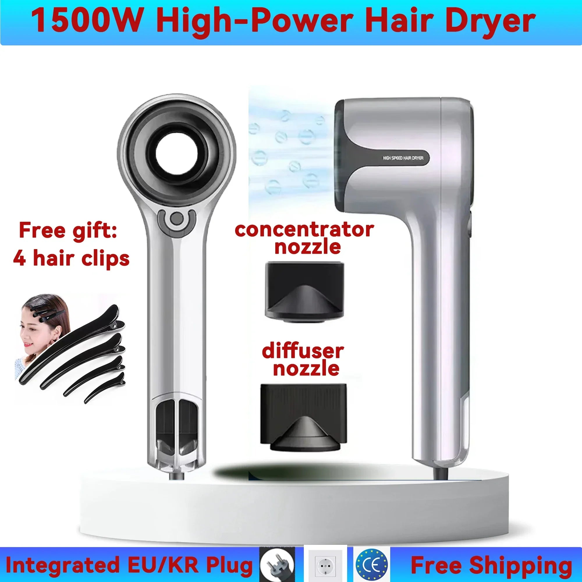 Professional Bladeless Negative Ion Hair Dryer – 1500W High-Power High-Speed, Salon-Level Styling Tool, with Free Hair  Clips