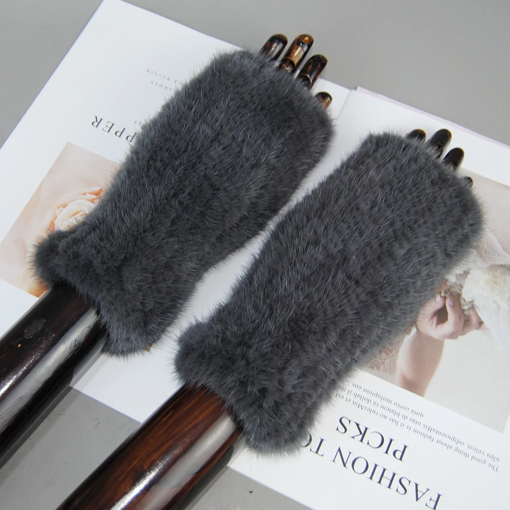 New Style Women Winter Real Mink Fur Gloves 100% Natural Warm Mink Fur Fingerless Gloves Girls Knitted Genuine Mink Fur Mittens