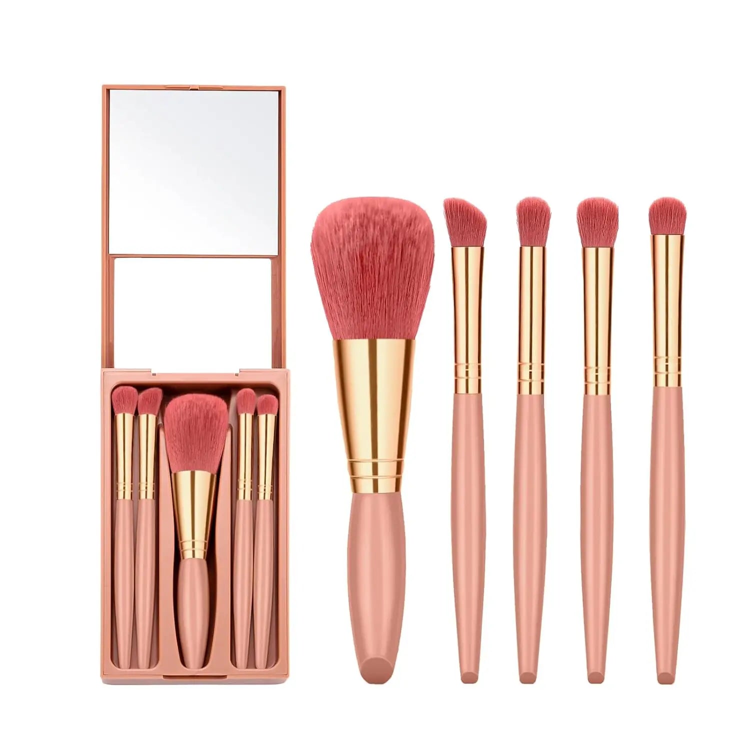 5-Piece Makeup Brush Set with Mirror, Travel Soft Bristle Loose Powder, Eyeshadow, and Blush Brush, Portable Makeup Brush Kit.