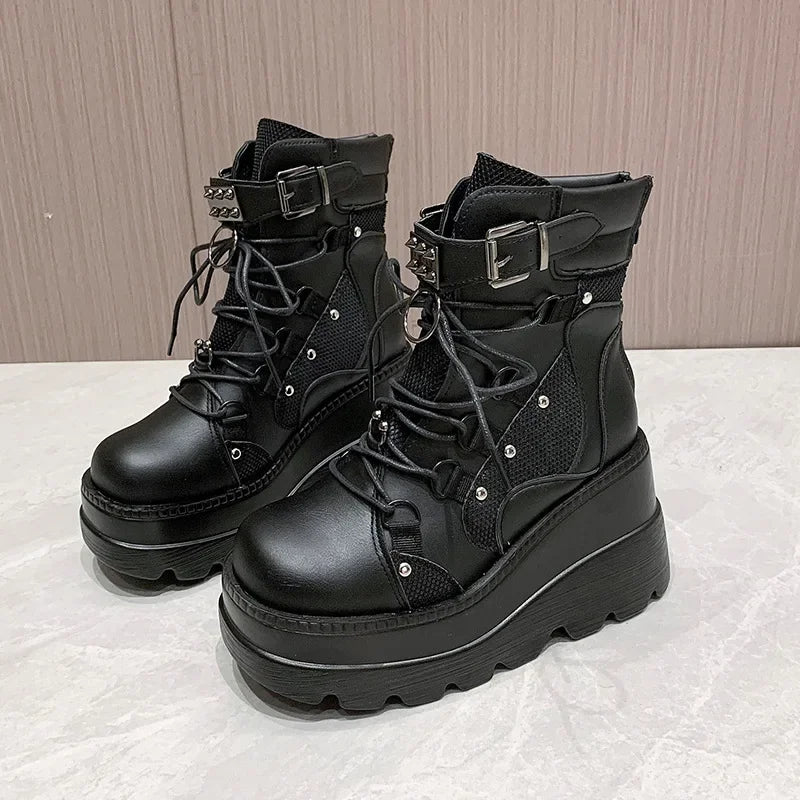 Cosplayer Gothic Motorcycle Boots 2024 New Platform Chunky High Heel Ankle Boot Ladies Cool Wedge Punk Woman Black Female Shoes