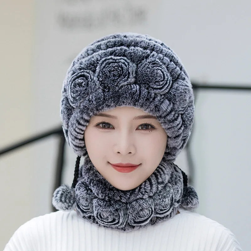 Hot Sale Women Warm Rex Rabbit Fur Hat Scarf Sets Winter Lady Knit Fur Hats Muffler 2 Pieces Natural Rex Rabbit Fur Cap Scarves
