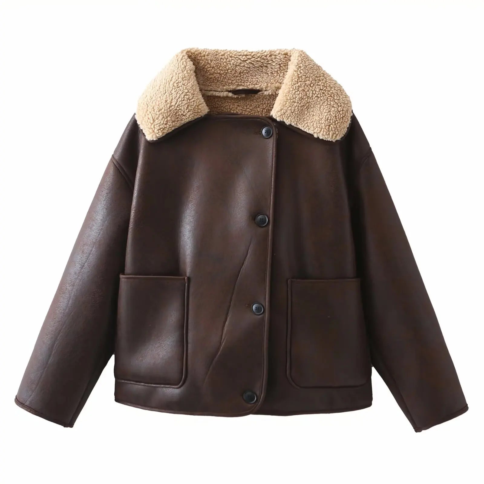 Vintage Casual Women Jackets Artificial Leather Turn-down Collar Single Breasted Loose Thick Coats Fashion Outwears
