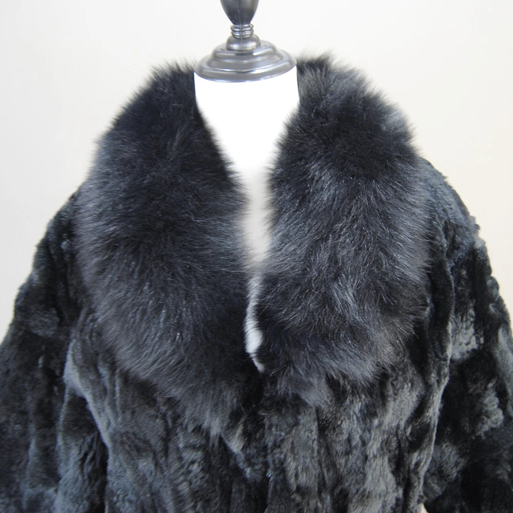 2025 Luxury Women Winter Thick Real Rex Rabbit Fur Coat Lady Warm Quality 100% Genuine Rex Rabbit Fur Jacket With Fox Fur Collar