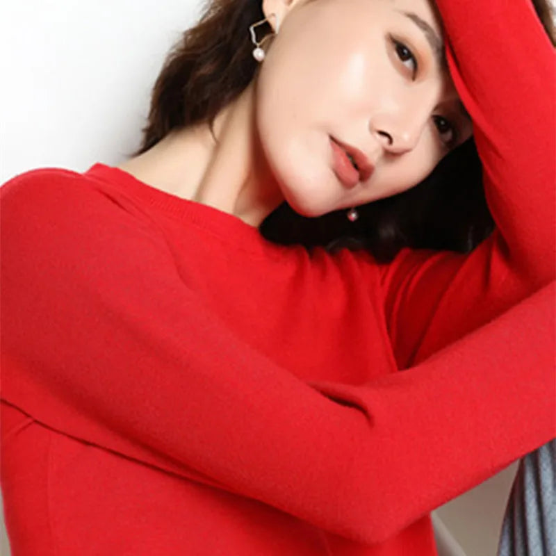 High Quality Pure Colors Spring Autumn Winter European Style Women Fashion Pullovers Knitted Cashmere Wool Sweater Lady Big Size