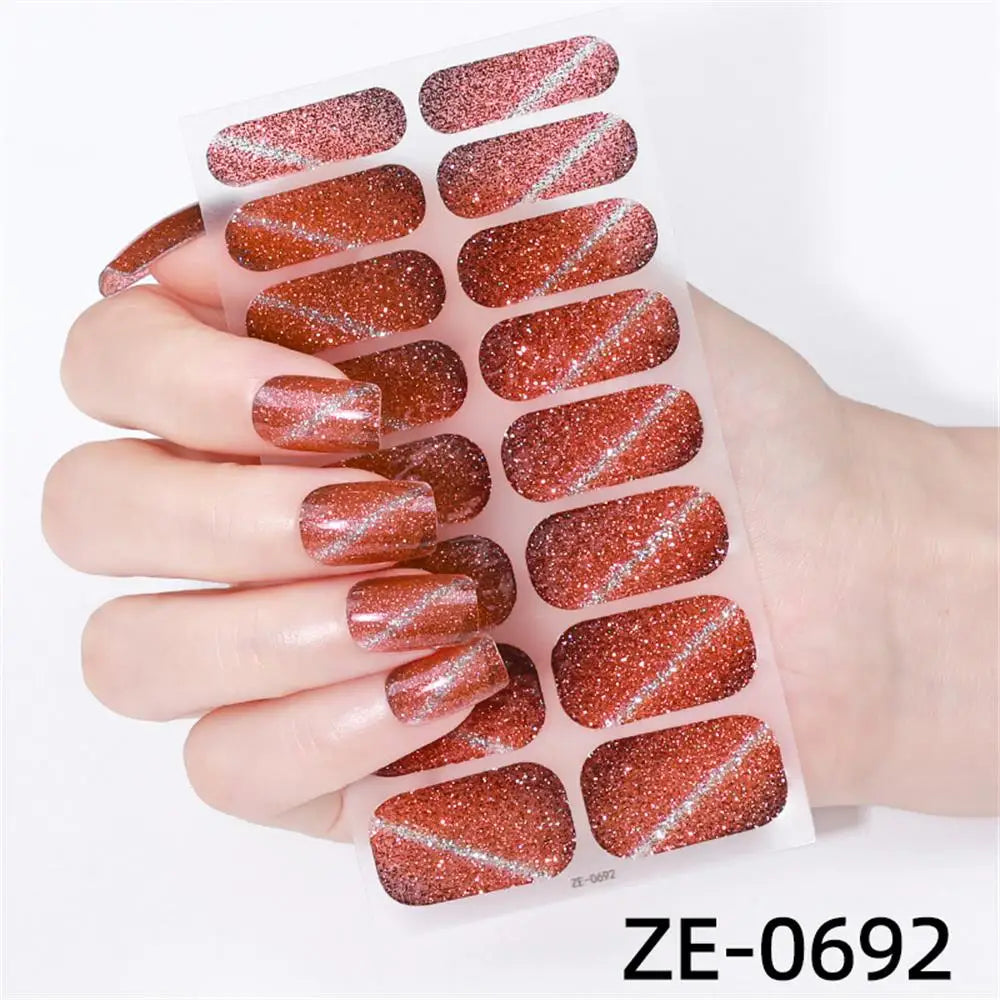 Gradient Cat Eye Style Nail Art Stickers, 16-Piece Set Self-Adhesive Waterproof Glitter False Nail Decals