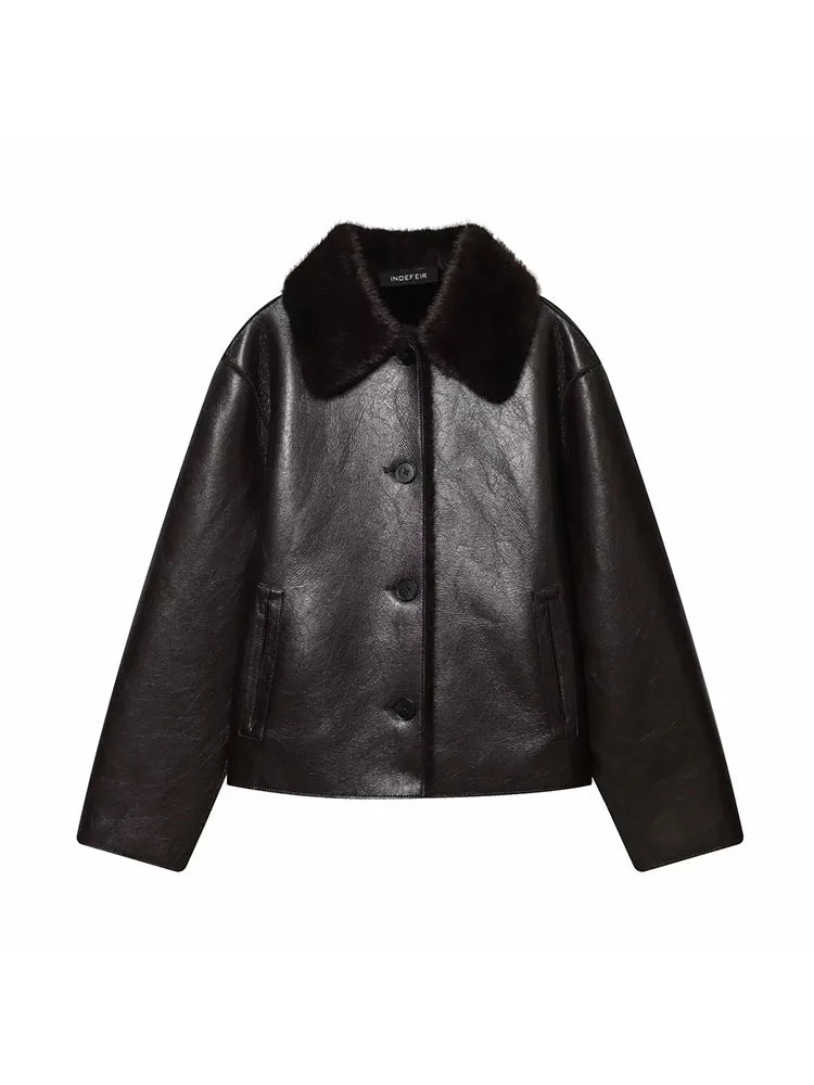 Women 2025 Winter New Reversible Plush Faux Leather Jackets For Blends Thick Winter Office Turn-down Collar Coat Chic Outerwear