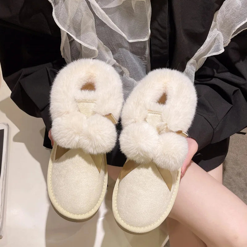 Snow boots women's autumn and winter 2025 explosion new cute hairball piled thickened bread shoes warm cotton shoes
