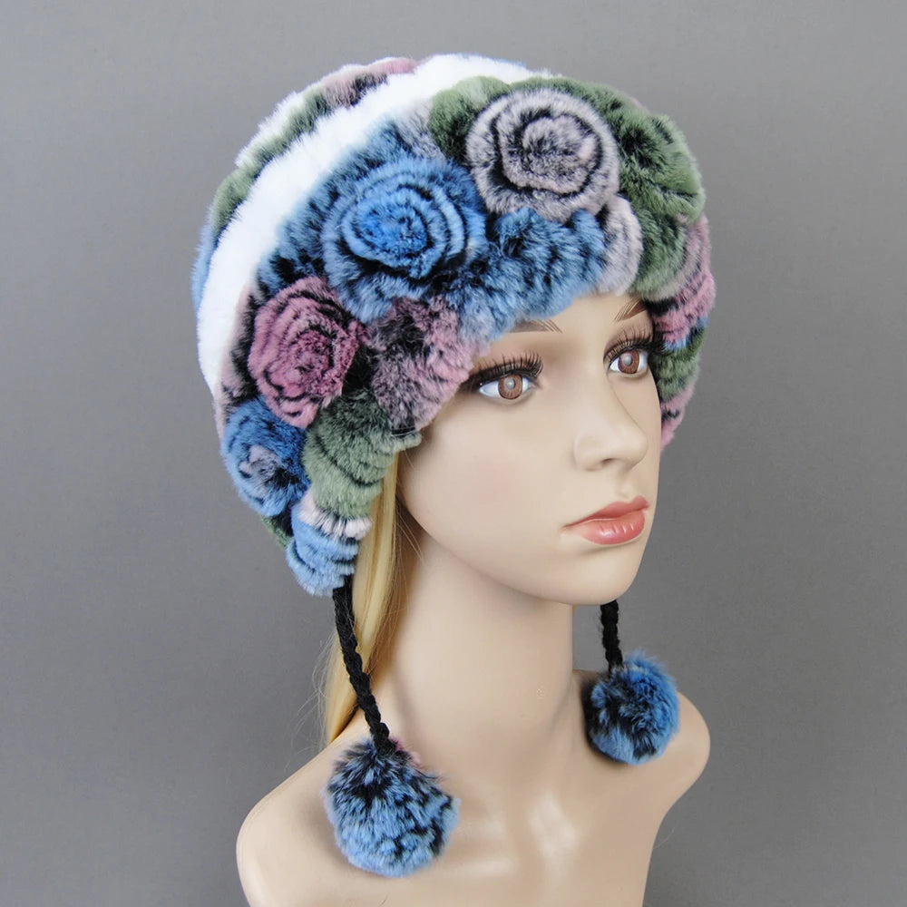 Hot Sale Women Warm Rex Rabbit Fur Hat Scarf Sets Winter Lady Knit Fur Hats Muffler 2 Pieces Natural Rex Rabbit Fur Cap Scarves