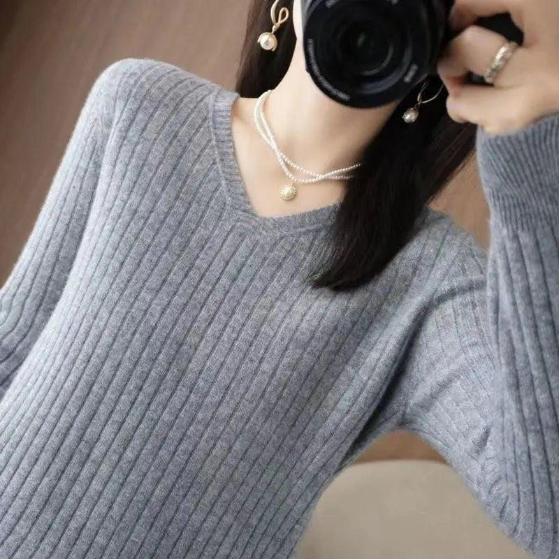 Chic Casual Autumn Winter Basic Sweater Pullovers Women V-neck Solid Knit Loose Pullover Female Long Sleeve Warm Khaki Sweater