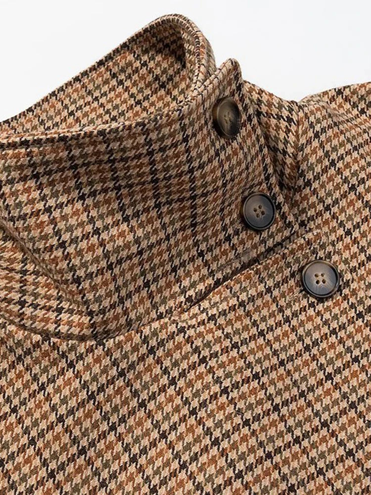 Women Fashion Houndstooth High Collar Short Jacket For Women Chic Long Sleeve Single Breasted Jacket Lady Outerwear