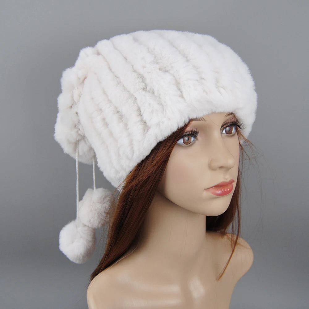 Winter Luxury Women Real Natural Rex Rabbit Fur Hats Fashion Lady Knitted Genuine Fur Caps Russian Outdoor Warm Fur Hats Beanies
