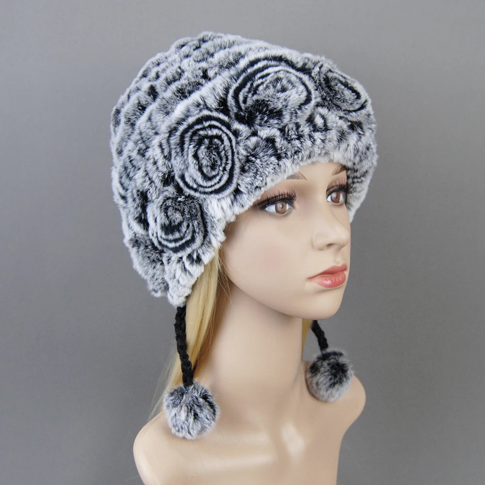 Hot Sale Women Warm Rex Rabbit Fur Hat Scarf Sets Winter Lady Knit Fur Hats Muffler 2 Pieces Natural Rex Rabbit Fur Cap Scarves