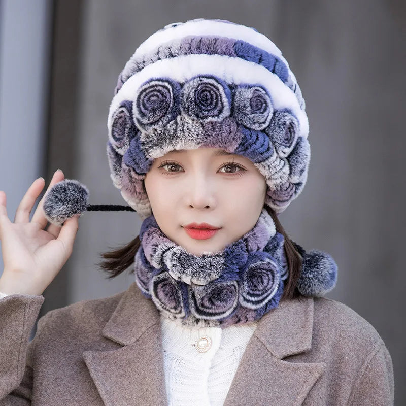 Hot Sale Women Warm Rex Rabbit Fur Hat Scarf Sets Winter Lady Knit Fur Hats Muffler 2 Pieces Natural Rex Rabbit Fur Cap Scarves