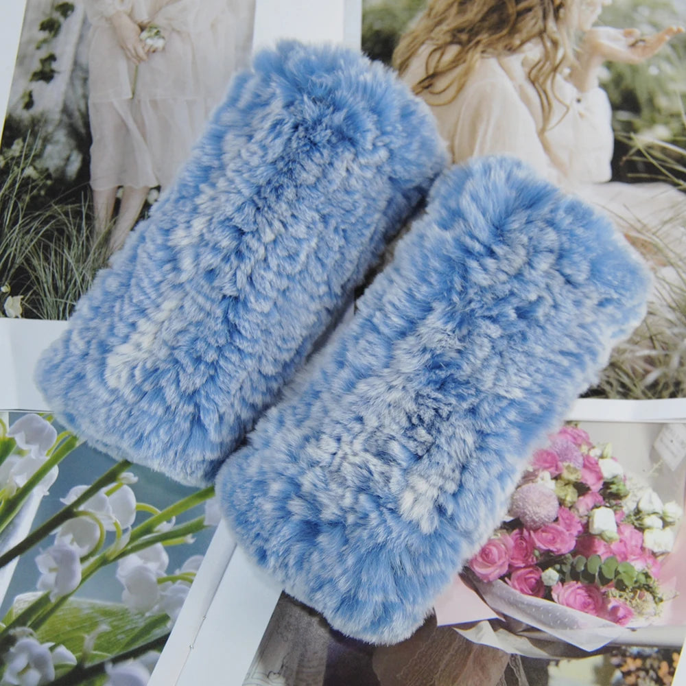 2025 Fashion Real Rex Rabbit Fur Women's Winter Gloves Genuine Fur Mittens Girl Fingerless Gloves Wrist Warmer Elastic Fluffy