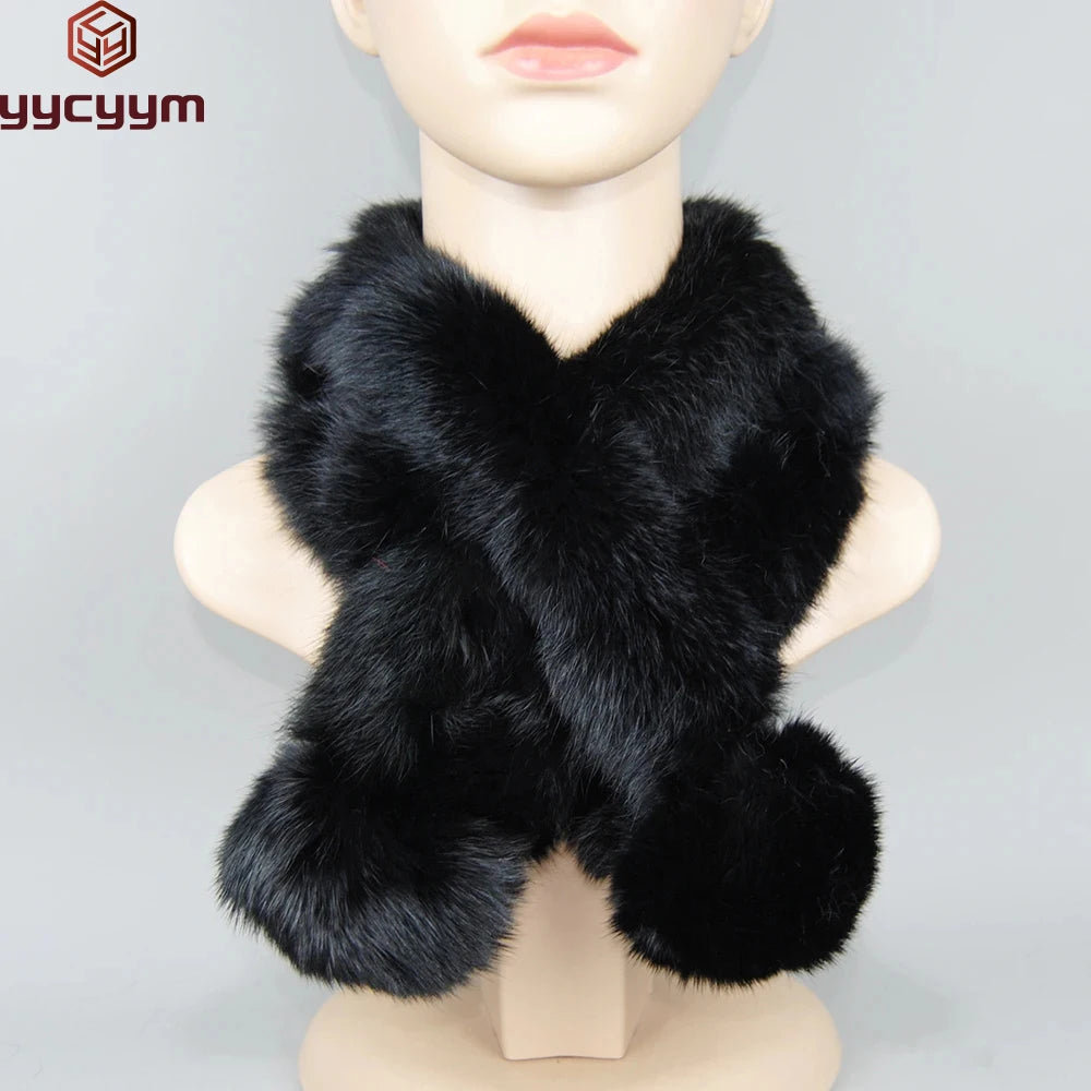 2025 New Russian Women Genuine Rabbit Fur Scarf Winter Ladies Warm Real Rabbit Fur Muffler Fluffy Pompoms Natural Fur Scarves