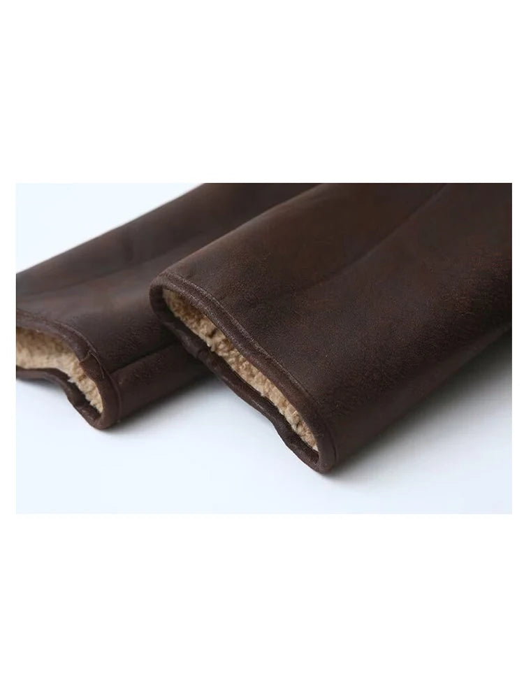 Vintage Casual Women Jackets Artificial Leather Turn-down Collar Single Breasted Loose Thick Coats Fashion Outwears