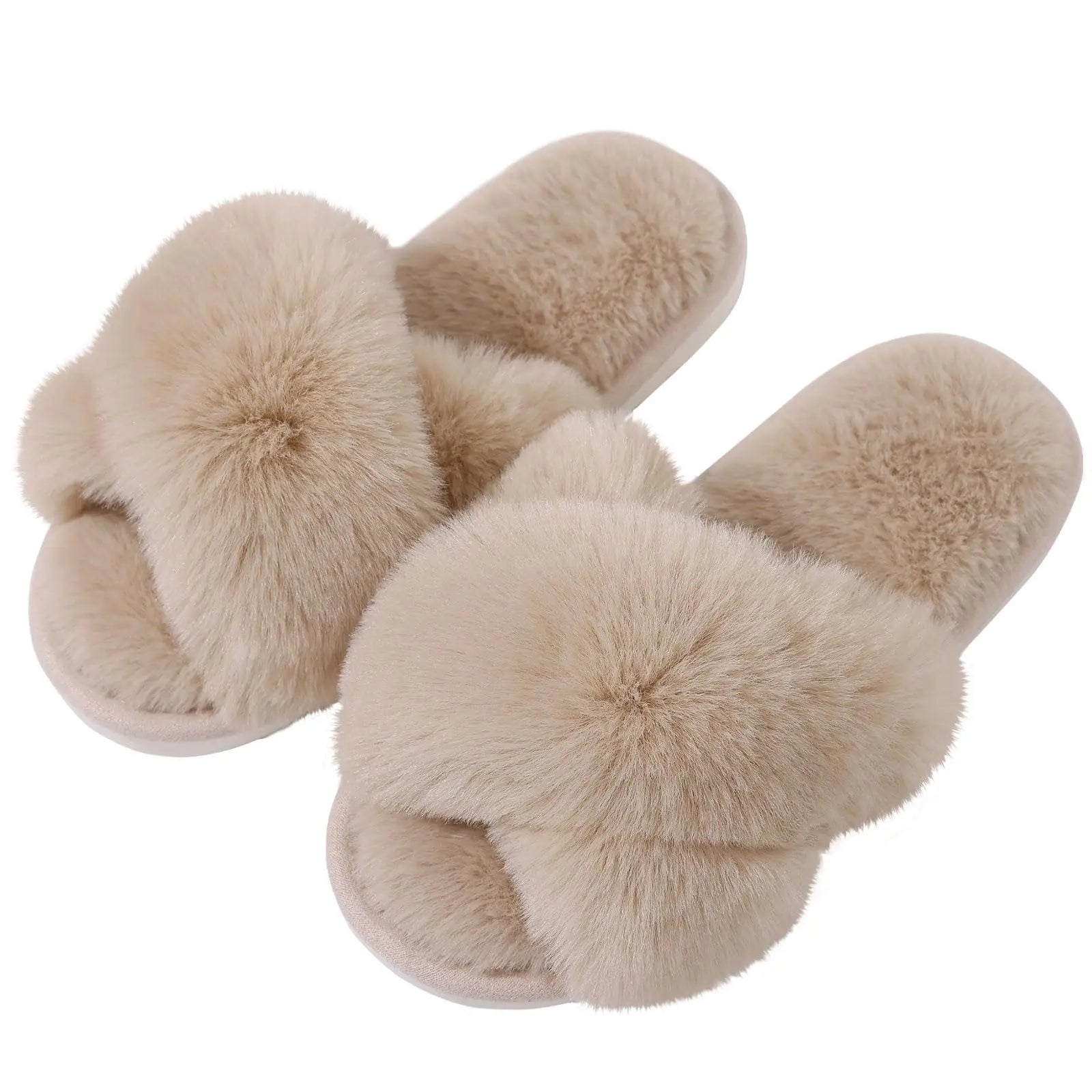 Eyriphy Indoor Open Toe Flats Cotton Shoes Comfort House Slippers Winter Fluffy Fur Slippers Women Fashion Plush Fuzzy Slippers