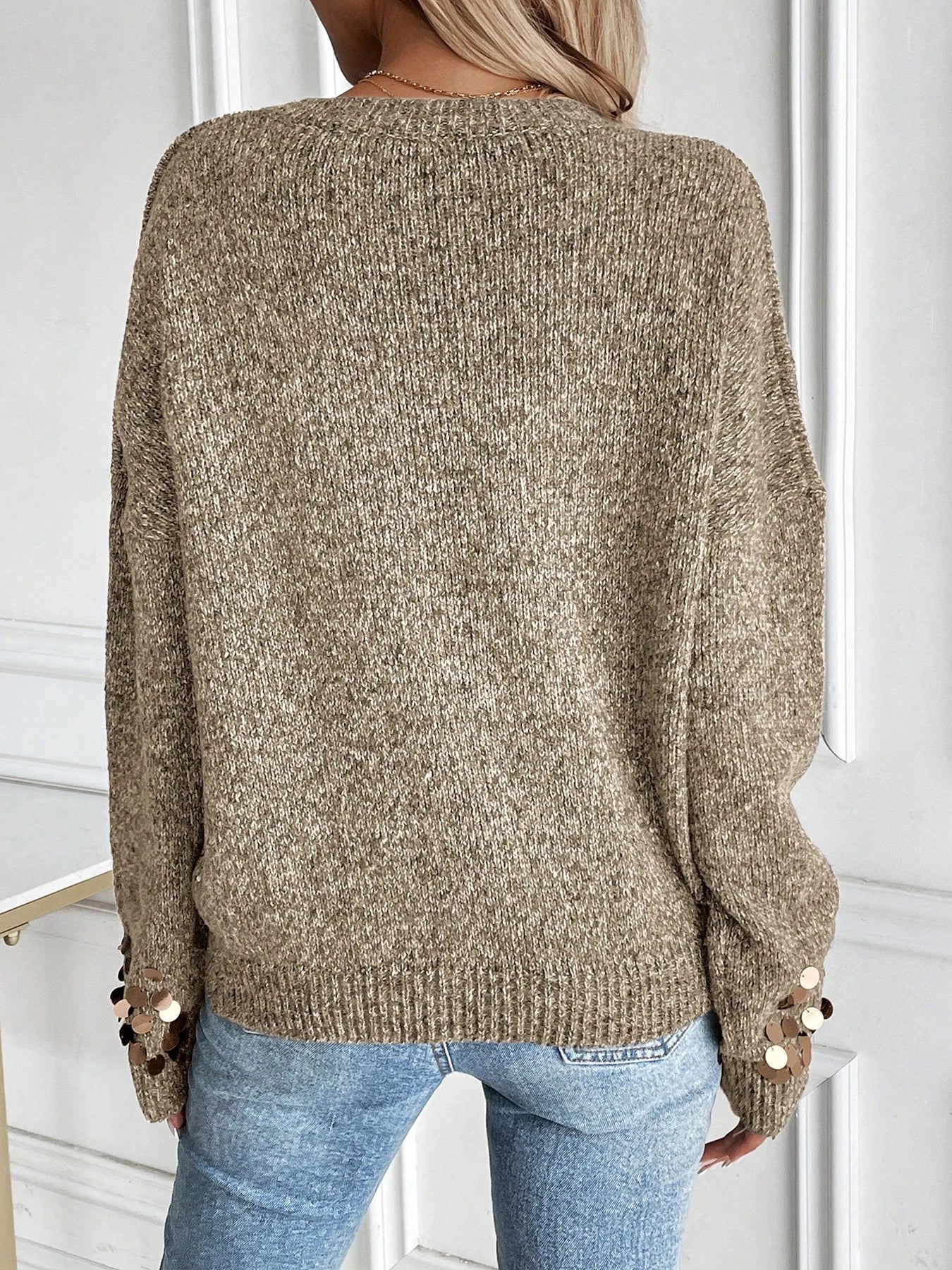 Elegant Sequined round Neck Pullover Knitted Sweater Long Sleeve Fashionable Women's Holiday Party Wear