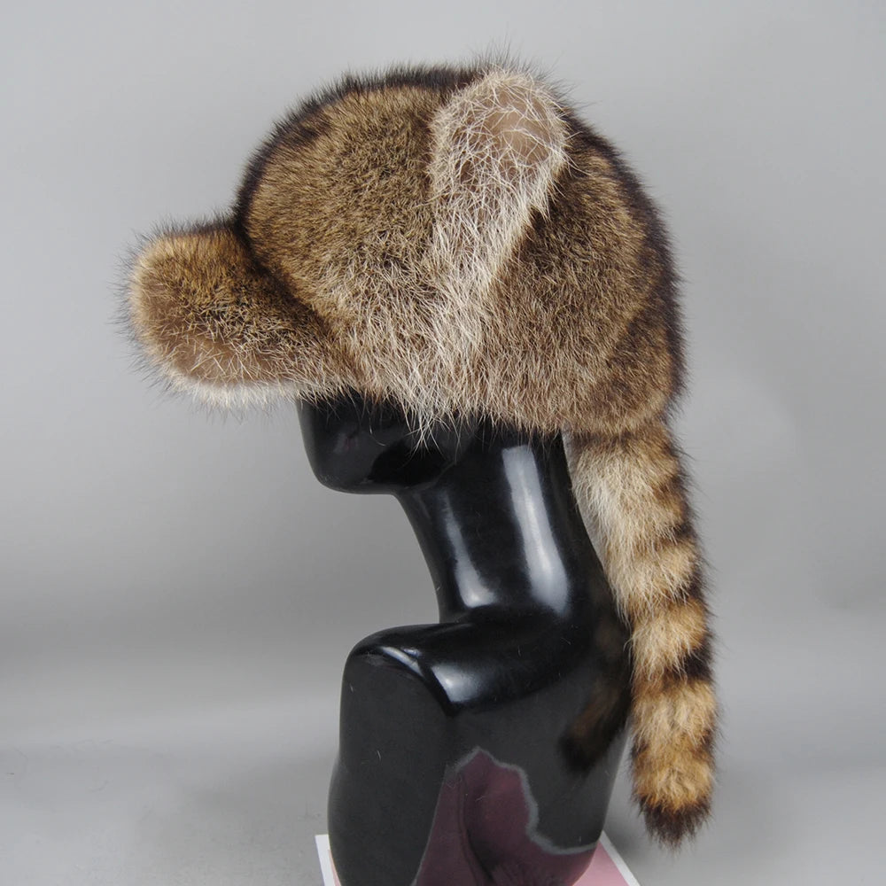 Hot Sale Lady Winter Warm Real Raccoon Fur Baseball Cap Brim Cute Ears Hat Women Girls Thick Fashion Warm Raccoon Fur Tail Hats