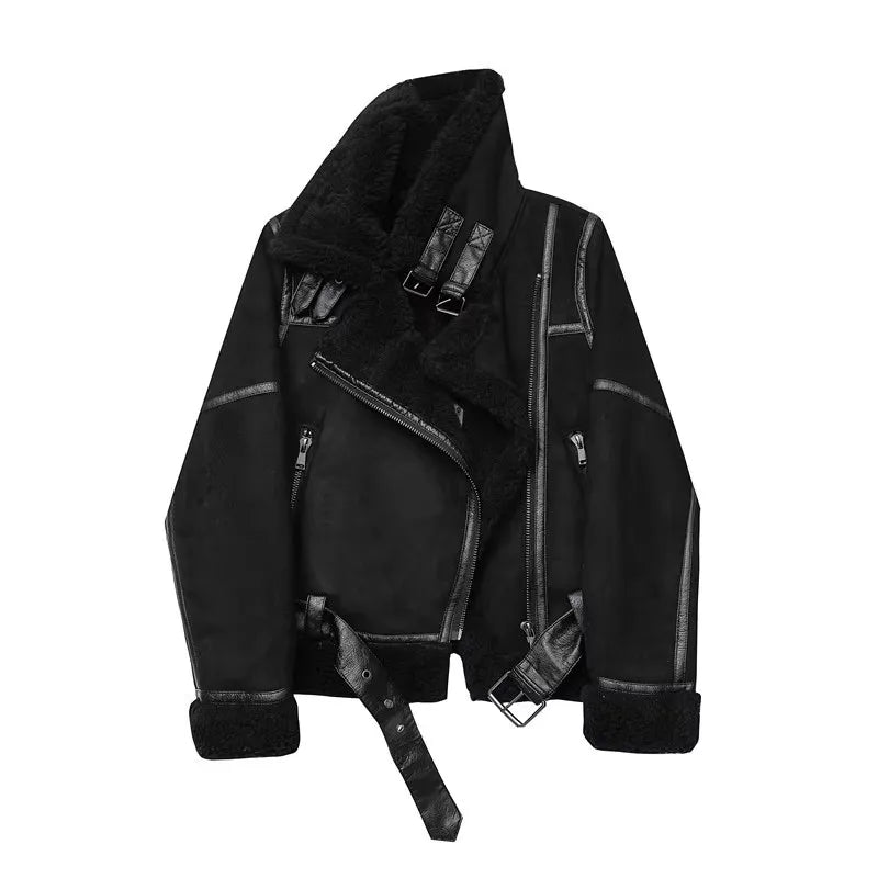 2025 Winter Women Thick Warm Suede Lamb Jacket Short Motorcycle Brown Coats Faux Shearling Sheepskin Leather Jackets Outwear