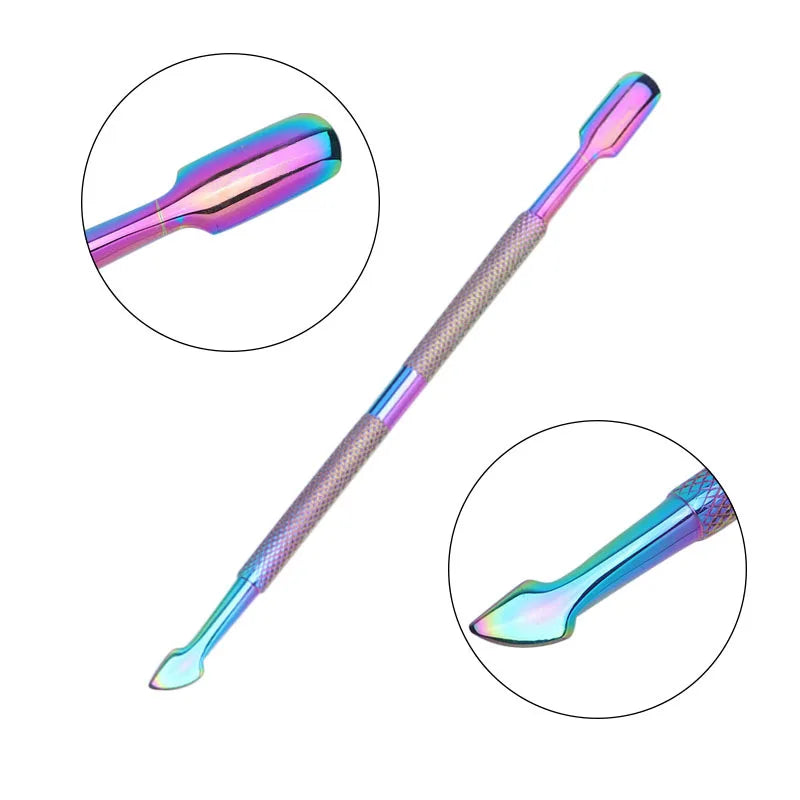 Rainbow Stainless Steel Nail Cuticle Pusher Tweezer Nail Art Files UV Gel Polish Remove Manicure Care Groove Clean Tool