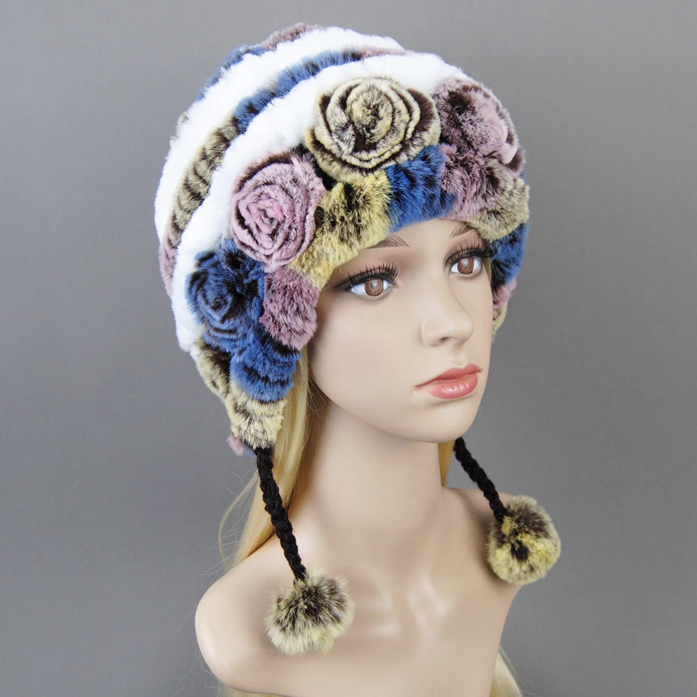 Hot Sale Women Warm Rex Rabbit Fur Hat Scarf Sets Winter Lady Knit Fur Hats Muffler 2 Pieces Natural Rex Rabbit Fur Cap Scarves