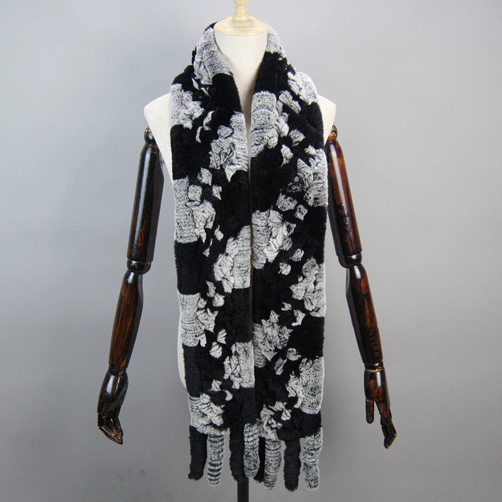 2025 Long Style Women Winter Real Rex Rabbit Fur Scarf Natural Rex Rabbit Fur Scarves Lady Knitted Rex Rabbit Fur Ring Scarves