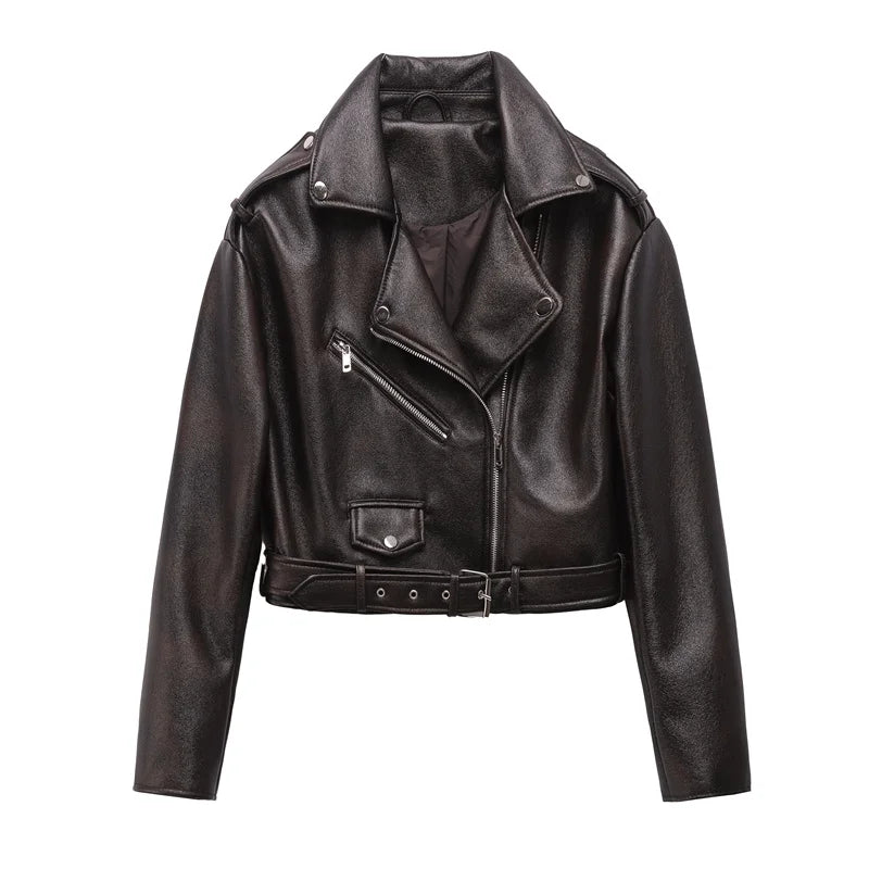Dark brown Coal graysty le Women's washed leather jacket with belt, short coat with downgraded zipper and vintage lapel jacket